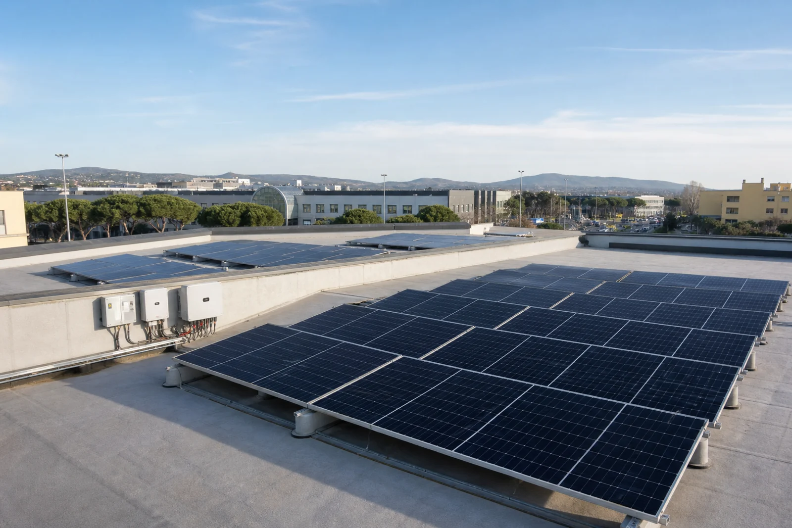 Visualizzazione di un impianto fotovoltaico su copertura commerciale con pannelli e inverter