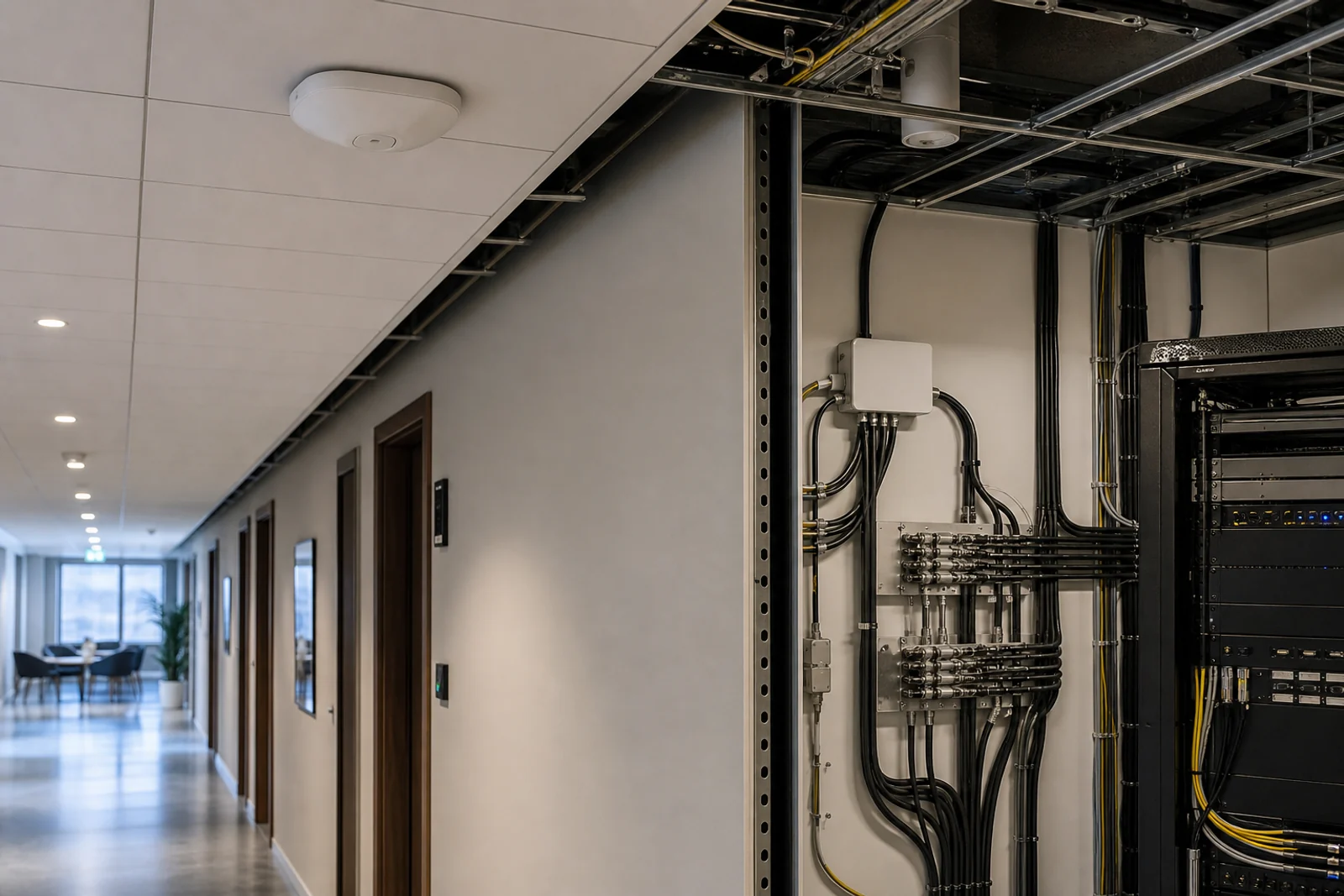 Visualizzazione di una rete DAS indoor con antenna a soffitto, distribuzione coassiale e rack tecnico